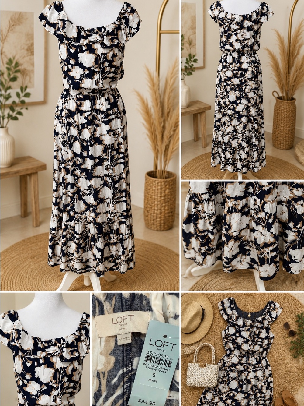 LOFT Romantic Navy Floral Ruffle Maxi Dress with Cream Blooms NWT Small Petite